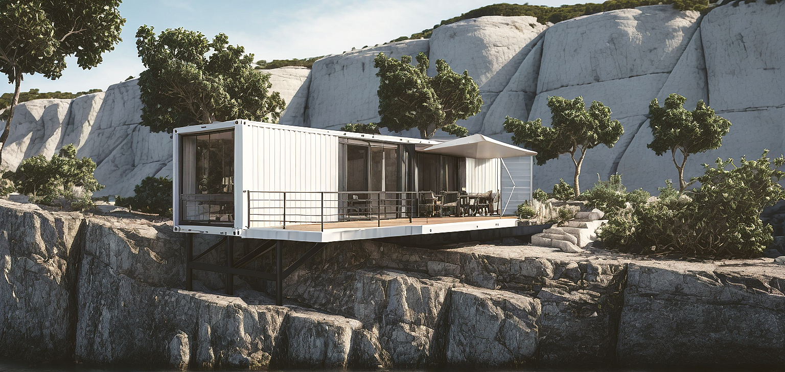 moduł z kontenerów morskich – szybka realizacja i skalowalność
trzy scenariusze: jednostka / skarpa / zespół modułów
taras i duże przeszklenia – maksymalny kontakt z krajobrazem
możliwość etapowania inwestycji (ważne dla inwestorów)
minimalna ingerencja w teren w wariancie „cliff”
rozwiązanie idealne pod wynajem krótkoterminowy i turystykę premium